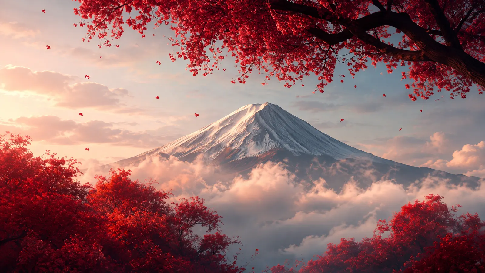 Monte Fuji entre cerejeiras vermelhas e nuvens baixas